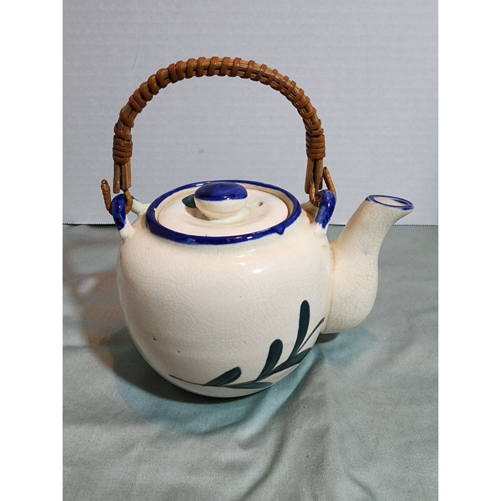 Vintage Epi-Curio Floral Stoneware Teapot Wicker Handle - Picture 2 of 5